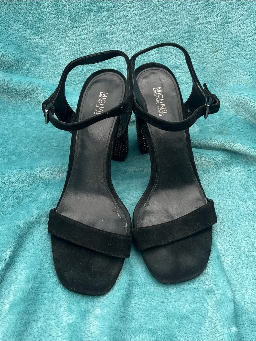 Michael Kors Black Suede Ankle-Strap Block Heel Sandals